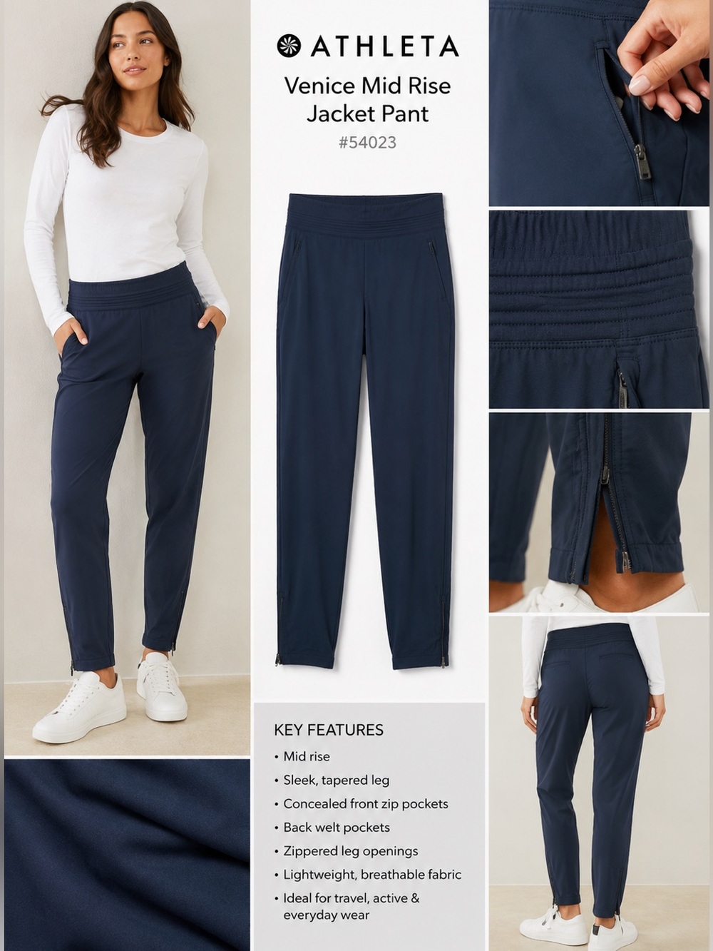 Athleta Venice Jogger Pants | Size 14 | Navy Lightweight Travel Pants Zip ankle